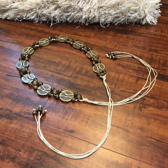 Vintage Brown Macrame Beaded Disc Sache Tie Belt